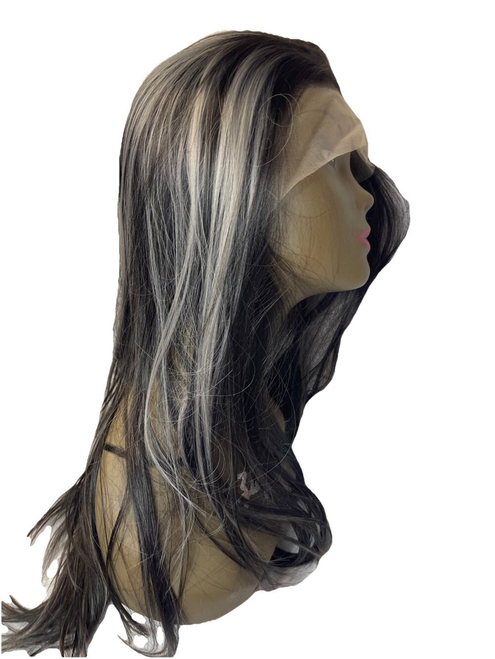 Dolmax 30” Black Silver Streak Lace Front Wig Heat Resistant NWT